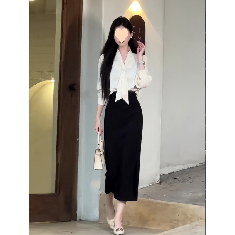 Kostim s suknjom i košulom s visokim strukom i prorezom — elegantan gradski stil, akrilna vlakna, proljeće 2025, Norns girl