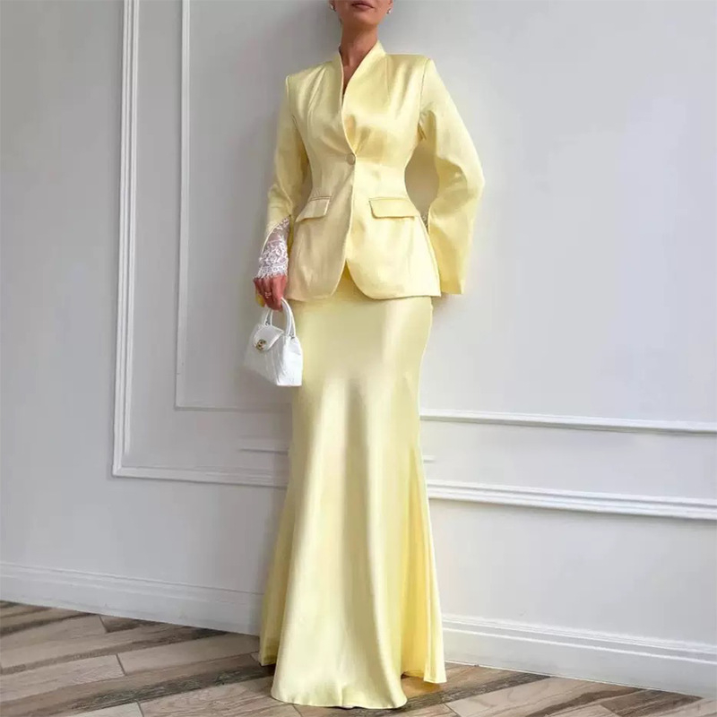 Ženski kostim sa suknjom od poliestera, dugi rukavi, duga suknja, elegantan stil, ljeto 2025
