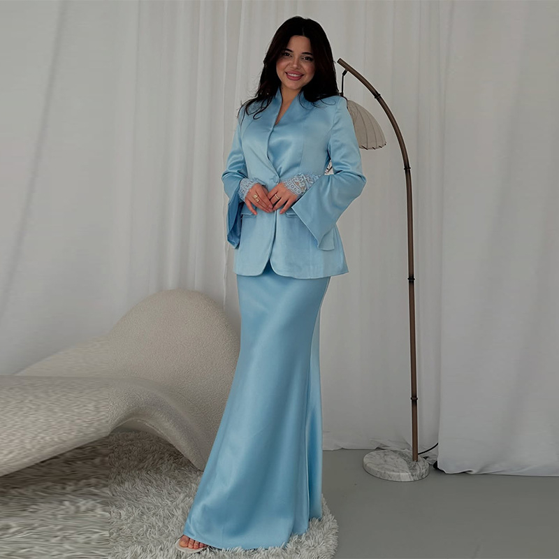 Ženski kostim sa suknjom od poliestera, dugi rukavi, duga suknja, elegantan stil, ljeto 2025