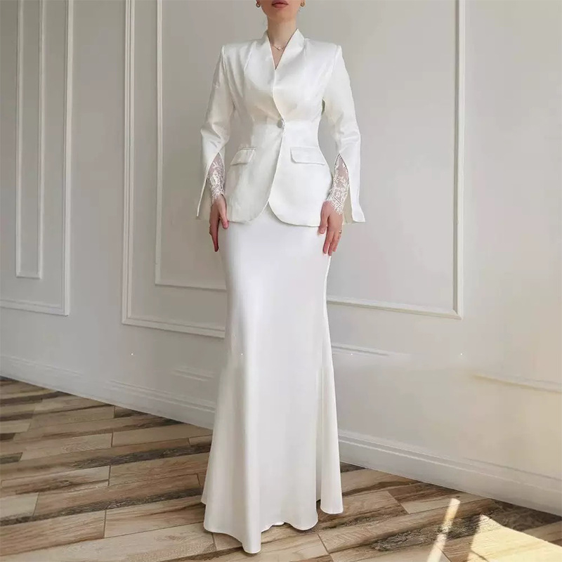 Ženski kostim sa suknjom od poliestera, dugi rukavi, duga suknja, elegantan stil, ljeto 2025