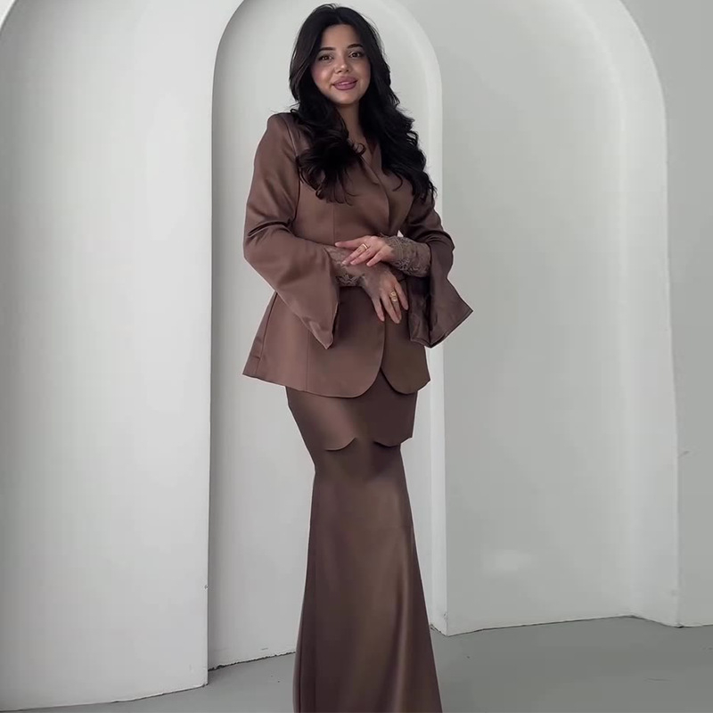 Ženski kostim sa suknjom od poliestera, dugi rukavi, duga suknja, elegantan stil, ljeto 2025