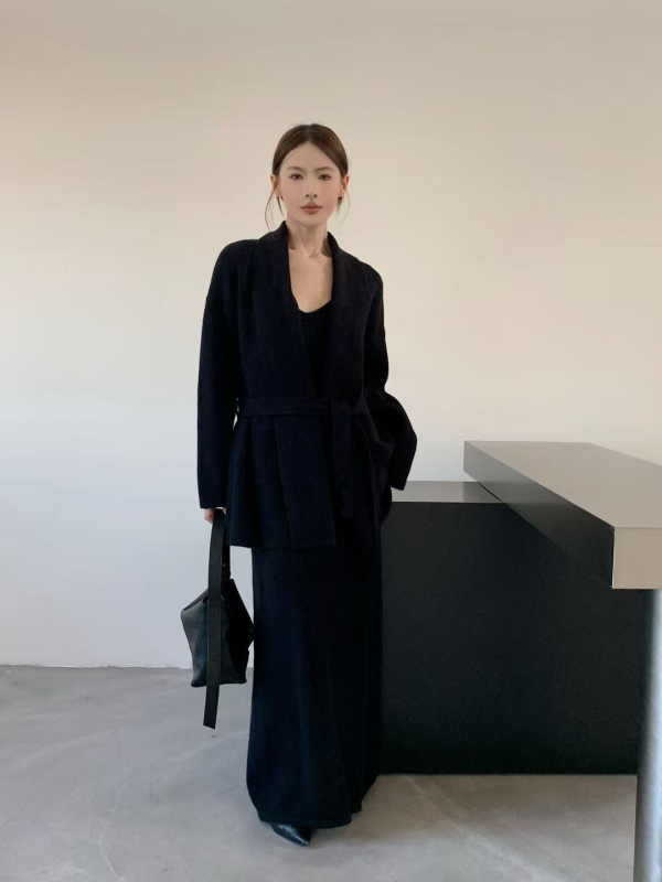 Urban stil trodijelni set: camisole top, duga suknja i opušteni pleteni kardigan (Polyester, Acrylic & Acetate Blends)