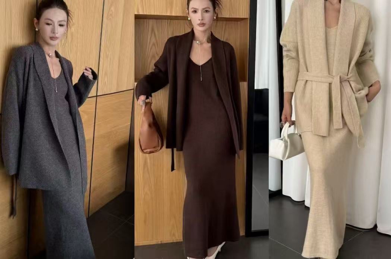 Urban stil trodijelni set: camisole top, duga suknja i opušteni pleteni kardigan (Polyester, Acrylic & Acetate Blends)