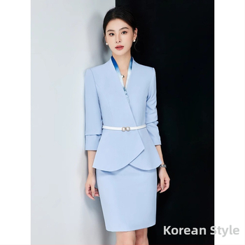 Sieviešu divdaļīgs biroja kostīms, rudens 2024, poliestera audums, 90–95% poliestera šķiedras, midi svārki, garas piedurknes