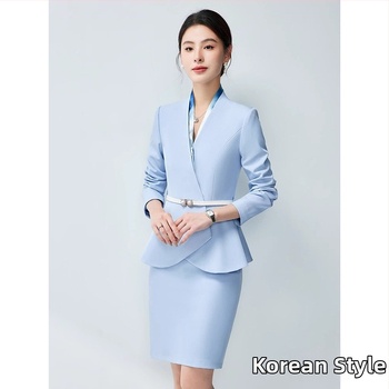 Sieviešu divdaļīgs biroja kostīms, rudens 2024, poliestera audums, 90–95% poliestera šķiedras, midi svārki, garas piedurknes