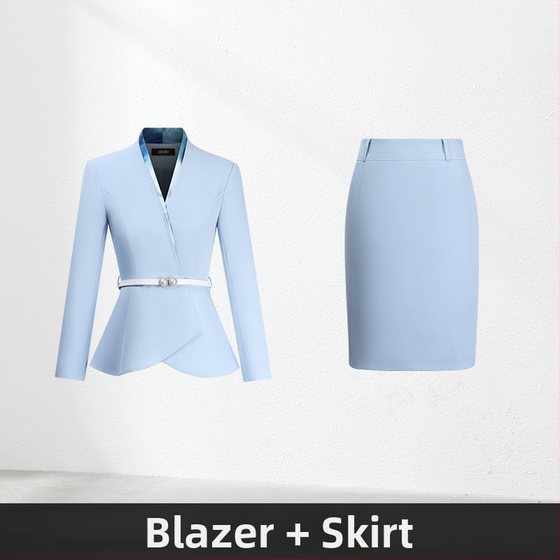 Sieviešu divdaļīgs biroja kostīms, rudens 2024, poliestera audums, 90–95% poliestera šķiedras, midi svārki, garas piedurknes