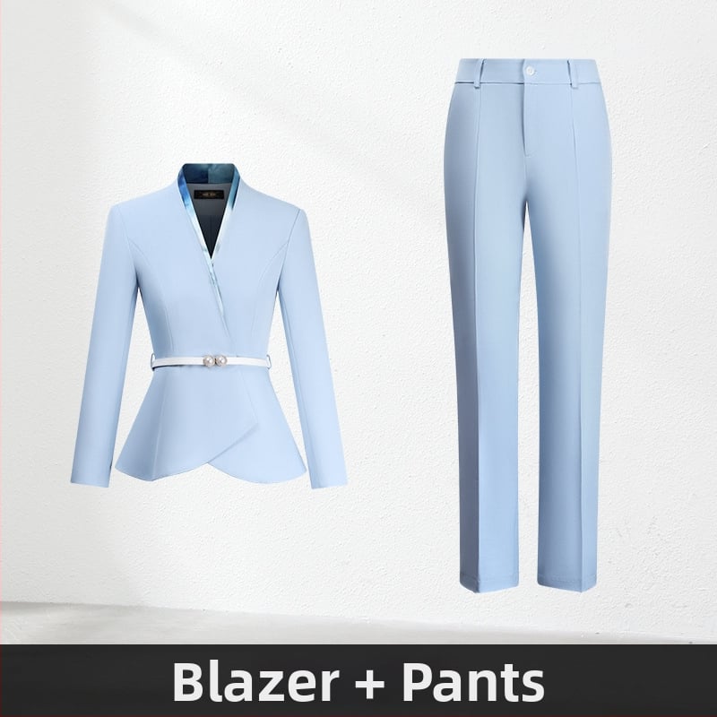 Sieviešu divdaļīgs biroja kostīms, rudens 2024, poliestera audums, 90–95% poliestera šķiedras, midi svārki, garas piedurknes