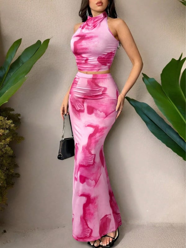 Set od dvije dijela: otisnuti bez rukava top i duga suknja visokog stasa; Milk Silk smjesa s Spandexom i Polyesterom