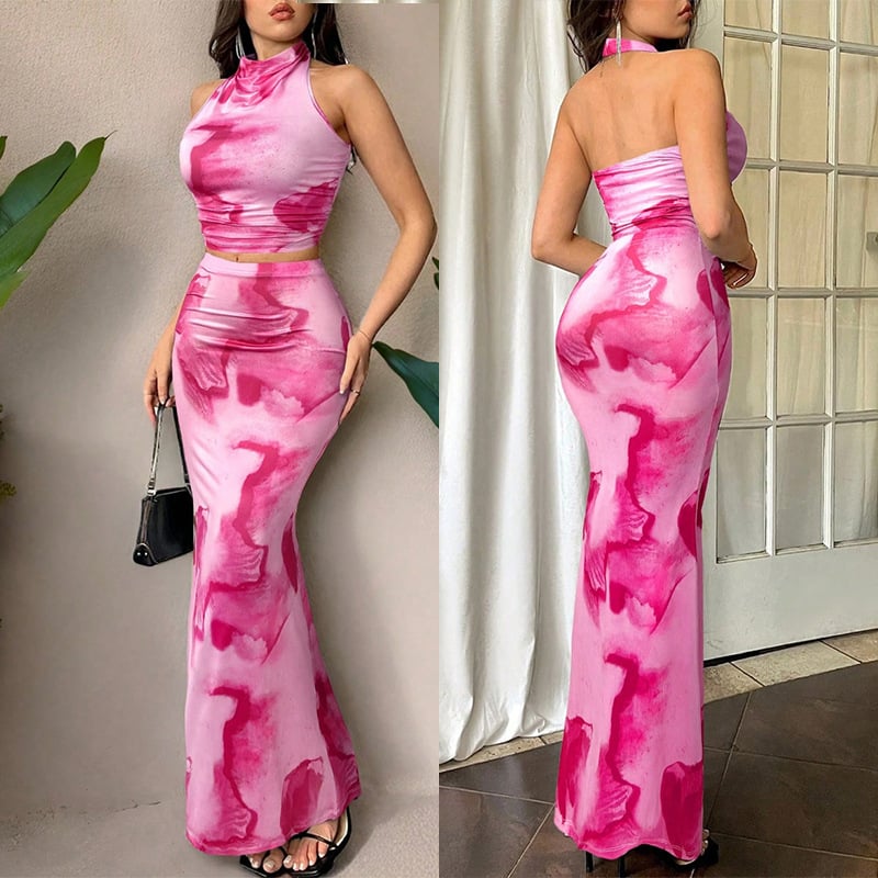 Set od dvije dijela: otisnuti bez rukava top i duga suknja visokog stasa; Milk Silk smjesa s Spandexom i Polyesterom