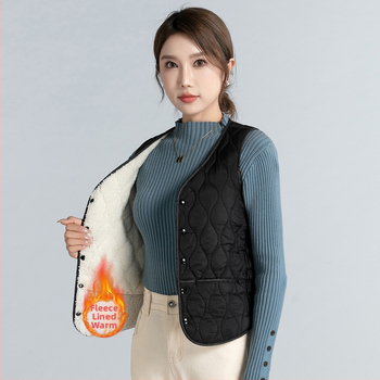 Sieviešu neilona veste ar Down Cotton pildījumu, flisa odere, V griezums, īss garums