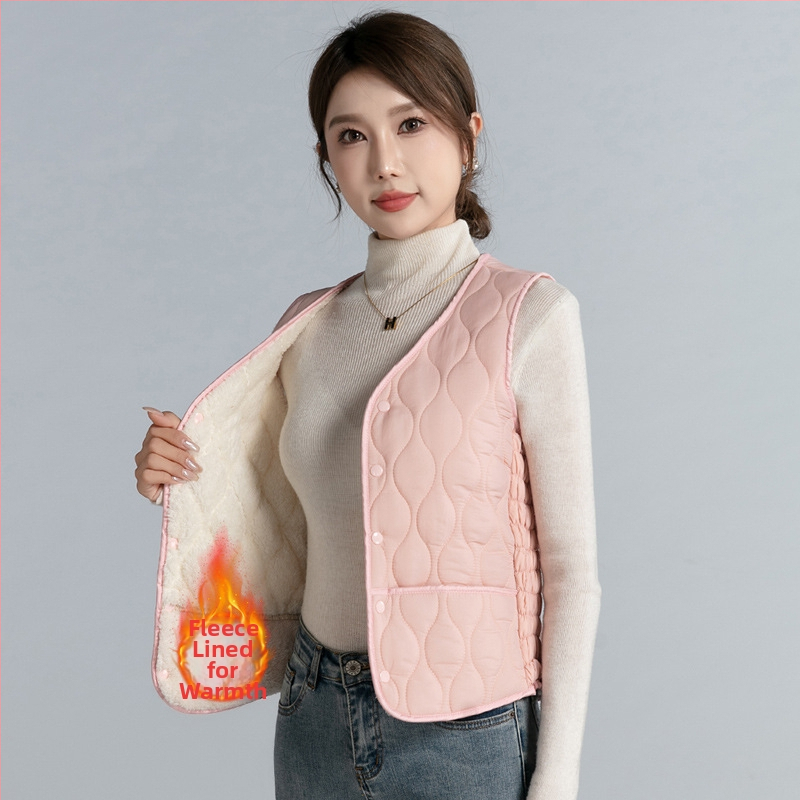 Moteriška nailoninė liemenė su Down Cotton užpildymu, fliso pamušalas, V kaklo, trumpas ilgis