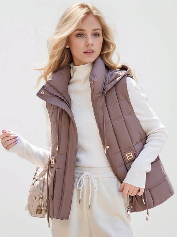 Sieviešu kapucētas vestes ar down-cotton pildījumu, poliestera audums, brīvs piegriezums, ziemas 2024