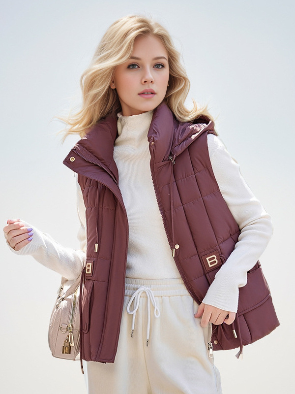 Sieviešu kapucētas vestes ar down-cotton pildījumu, poliestera audums, brīvs piegriezums, ziemas 2024