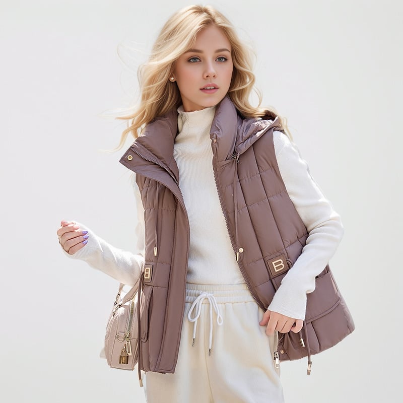 Sieviešu kapucētas vestes ar down-cotton pildījumu, poliestera audums, brīvs piegriezums, ziemas 2024