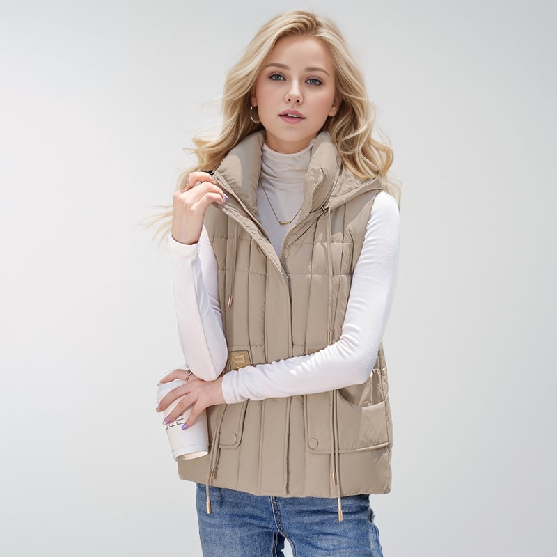 Sieviešu kapucētas vestes ar down-cotton pildījumu, poliestera audums, brīvs piegriezums, ziemas 2024