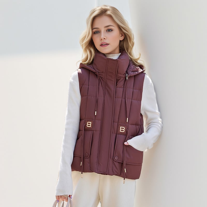 Sieviešu kapucētas vestes ar down-cotton pildījumu, poliestera audums, brīvs piegriezums, ziemas 2024