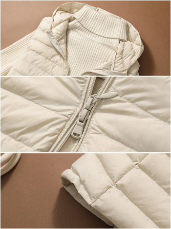 Sieviešu plāna pūkaina veste ar kapuci, garš siluets, neilona ārējais materiāls, balta pīļu pūka pildījums