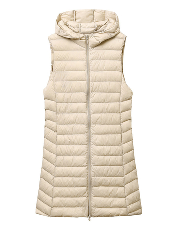 Sieviešu plāna pūkaina veste ar kapuci, garš siluets, neilona ārējais materiāls, balta pīļu pūka pildījums