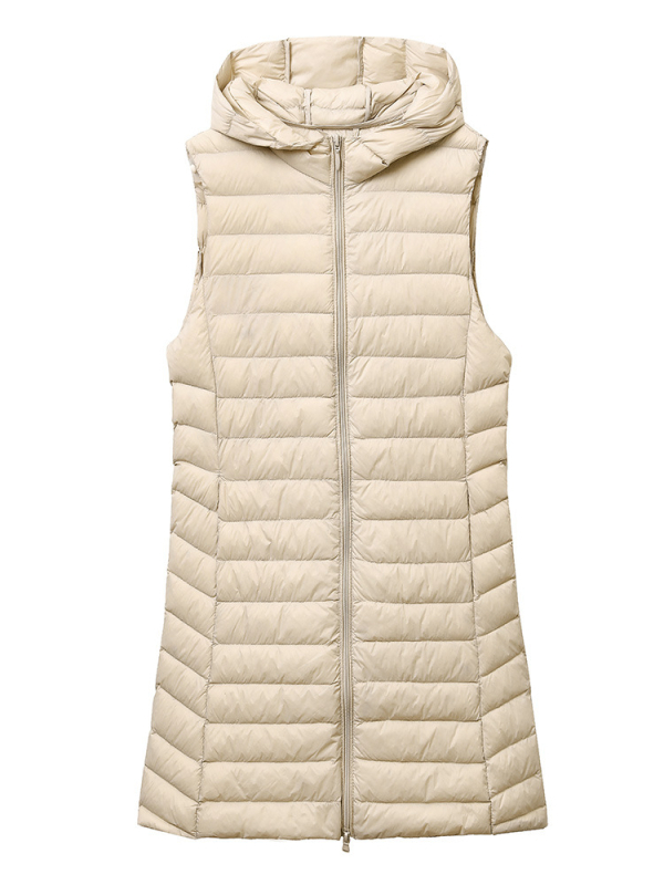 Sieviešu plāna pūkaina veste ar kapuci, garš siluets, neilona ārējais materiāls, balta pīļu pūka pildījums