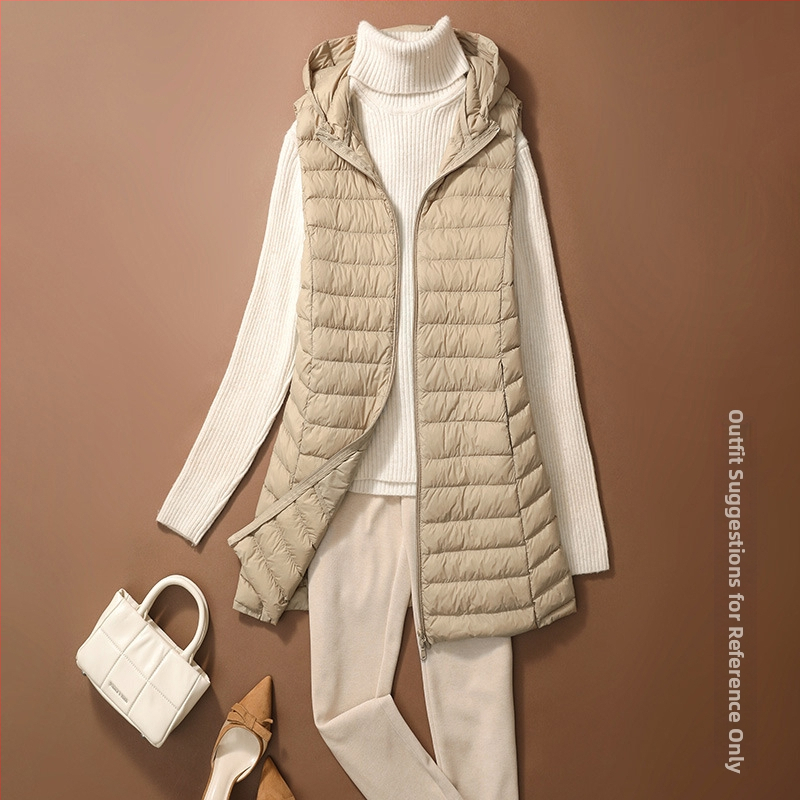 Sieviešu plāna pūkaina veste ar kapuci, garš siluets, neilona ārējais materiāls, balta pīļu pūka pildījums