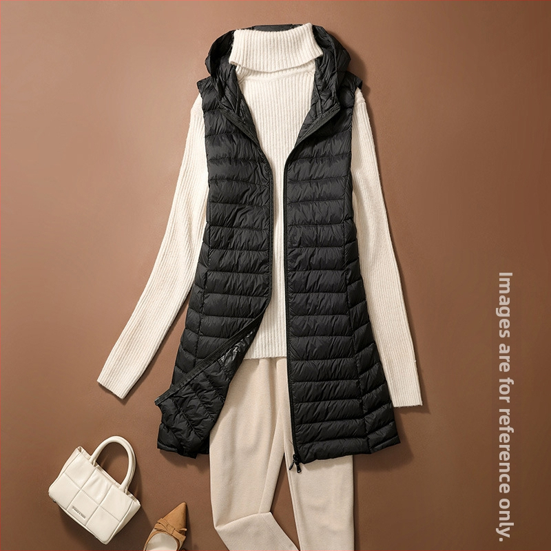 Sieviešu plāna pūkaina veste ar kapuci, garš siluets, neilona ārējais materiāls, balta pīļu pūka pildījums