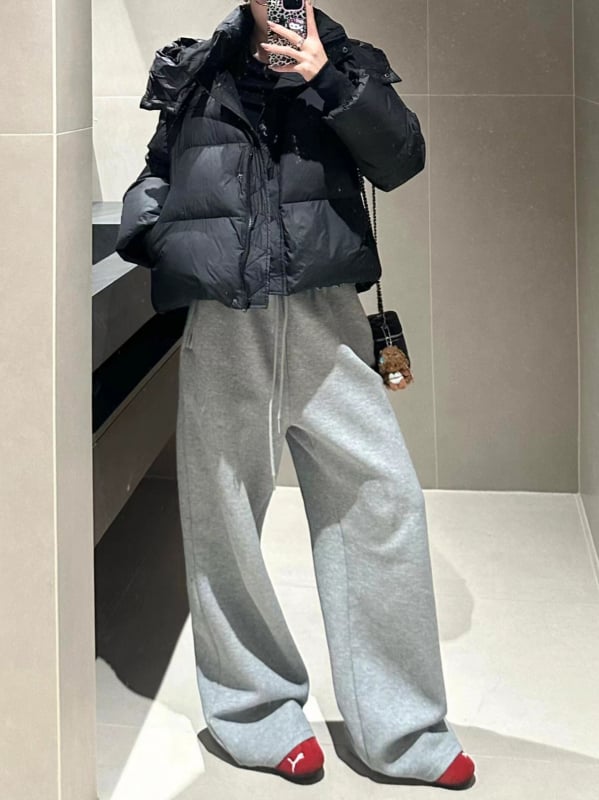 Női hosszú sportnadrág fleece-béléssel, pamut-spandex keverék, laza szabás, állítható derék, cocoon-formájú, téli 2024, japán-koreai lazább stílus