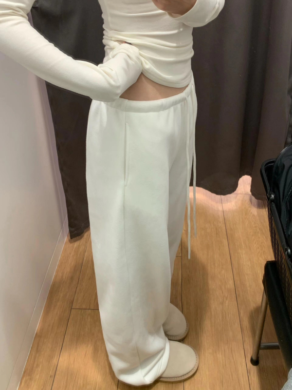 Női hosszú sportnadrág fleece-béléssel, pamut-spandex keverék, laza szabás, állítható derék, cocoon-formájú, téli 2024, japán-koreai lazább stílus