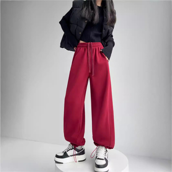 Pantaloni trening femei cu fleece interior, largi, talie înaltă, șnur, stil casual