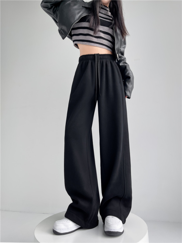 Pantaloni trening femei cu fleece interior, largi, talie înaltă, șnur, stil casual