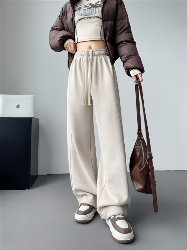 Pantaloni trening femei cu fleece interior, largi, talie înaltă, șnur, stil casual