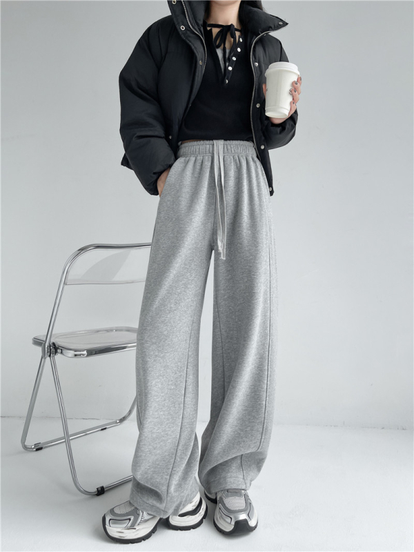 Pantaloni trening femei cu fleece interior, largi, talie înaltă, șnur, stil casual