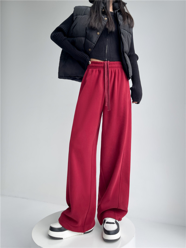 Pantaloni trening femei cu fleece interior, largi, talie înaltă, șnur, stil casual