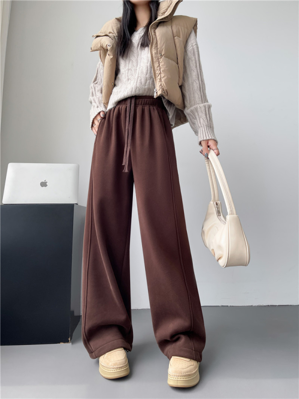 Pantaloni trening femei cu fleece interior, largi, talie înaltă, șnur, stil casual