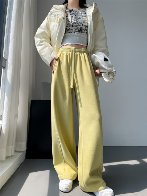 Pantaloni trening femei cu fleece interior, largi, talie înaltă, șnur, stil casual
