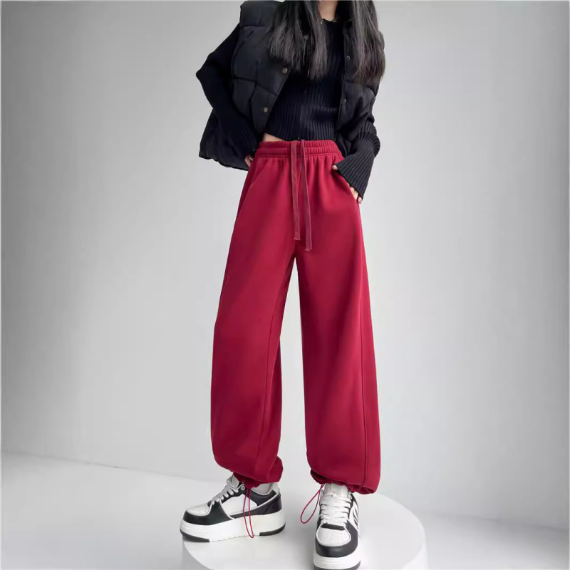 Pantaloni trening femei cu fleece interior, largi, talie înaltă, șnur, stil casual