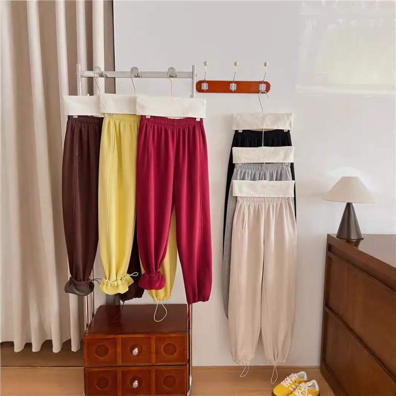 Pantaloni trening femei cu fleece interior, largi, talie înaltă, șnur, stil casual