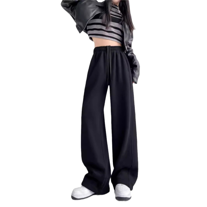 Pantaloni trening femei cu fleece interior, largi, talie înaltă, șnur, stil casual