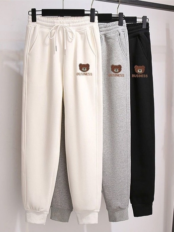 Női fleecével bélelt sportnadrág medve mintával, boka hosszú, magas derekú, poliészter-elasztán keverék