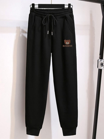 Női fleecével bélelt sportnadrág medve mintával, boka hosszú, magas derekú, poliészter-elasztán keverék