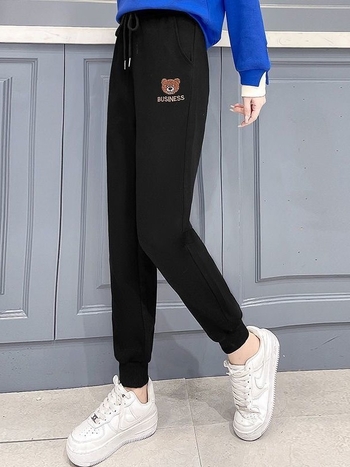 Női fleecével bélelt sportnadrág medve mintával, boka hosszú, magas derekú, poliészter-elasztán keverék