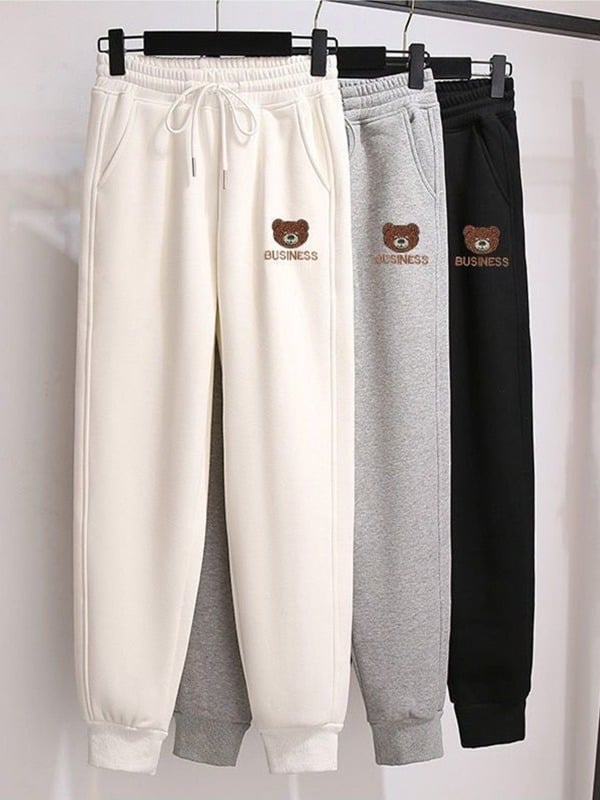 Női fleecével bélelt sportnadrág medve mintával, boka hosszú, magas derekú, poliészter-elasztán keverék