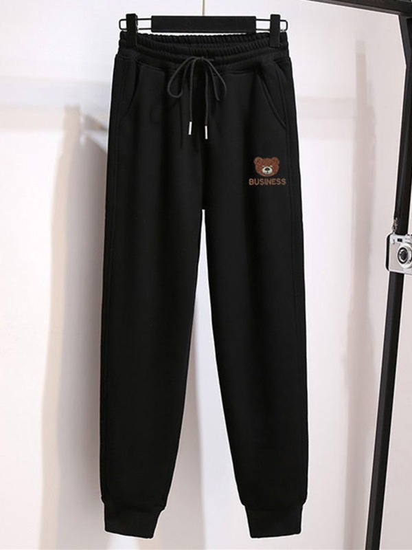 Női fleecével bélelt sportnadrág medve mintával, boka hosszú, magas derekú, poliészter-elasztán keverék