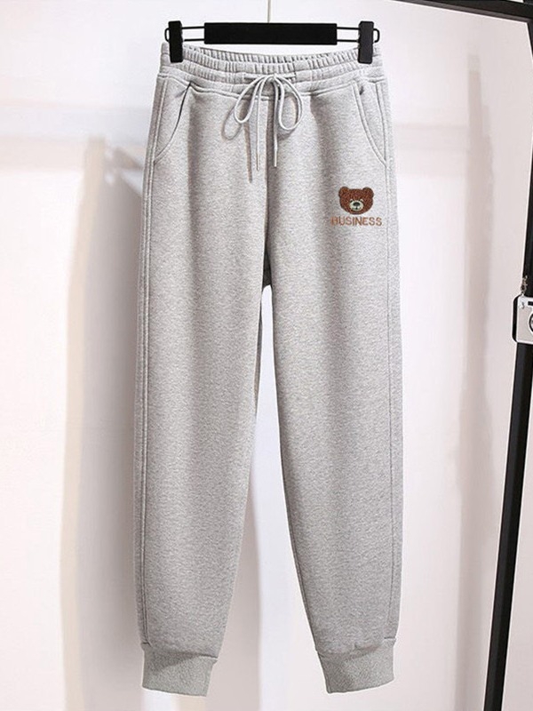 Női fleecével bélelt sportnadrág medve mintával, boka hosszú, magas derekú, poliészter-elasztán keverék