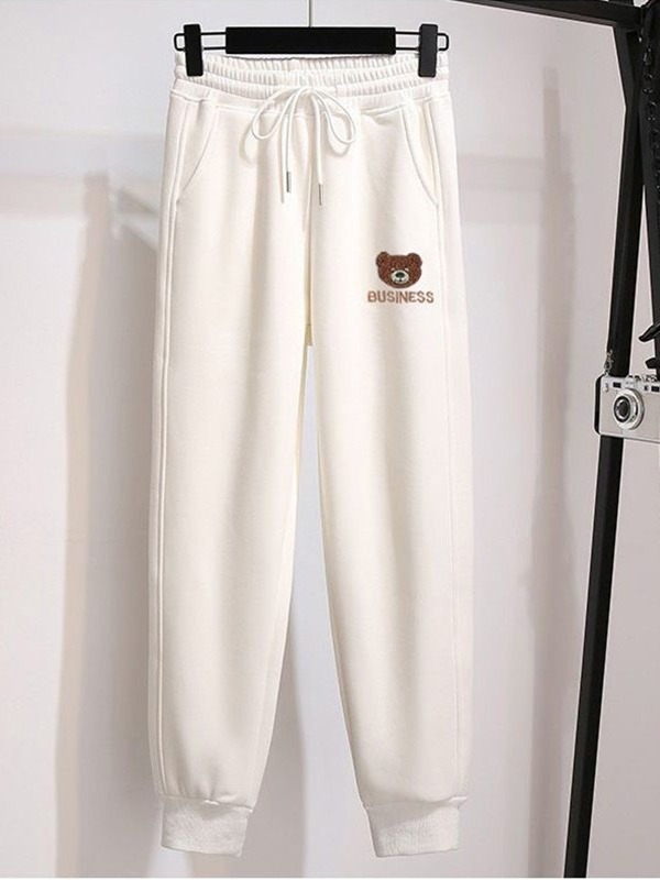 Női fleecével bélelt sportnadrág medve mintával, boka hosszú, magas derekú, poliészter-elasztán keverék