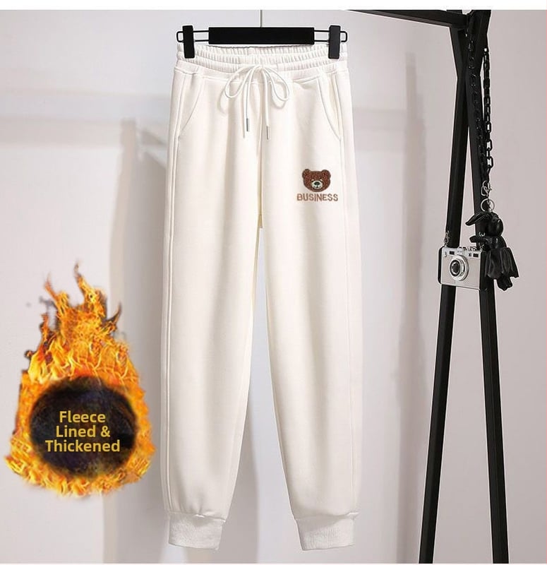 Női fleecével bélelt sportnadrág medve mintával, boka hosszú, magas derekú, poliészter-elasztán keverék