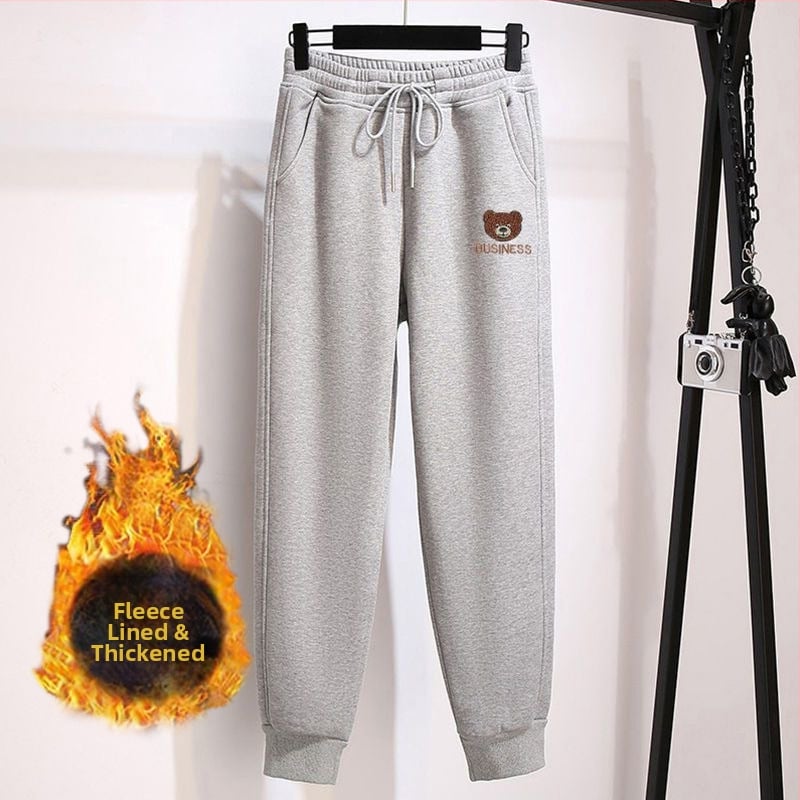 Női fleecével bélelt sportnadrág medve mintával, boka hosszú, magas derekú, poliészter-elasztán keverék