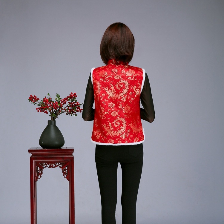 Vesta brocart în stil Tang pentru femei, cu guler înalt, margine brută, model floral, umplutură din fibre asemănătoare mătăsii