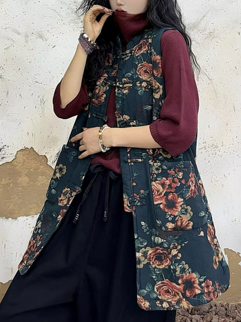 Kokvilnas veste ar retro ziedu patchwork motīvu, vidēja garuma, apļveida kakla izgriezums, rudens 2025, 90–95% kokvilna