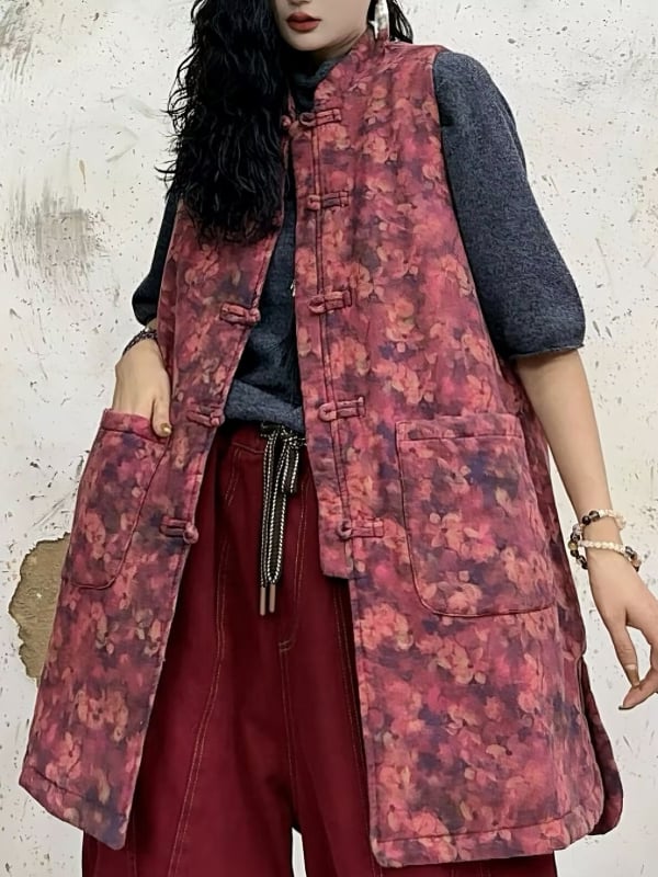 Kokvilnas veste ar retro ziedu patchwork motīvu, vidēja garuma, apļveida kakla izgriezums, rudens 2025, 90–95% kokvilna