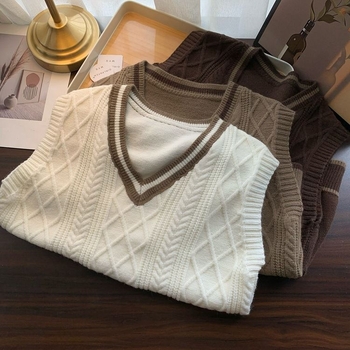 Sieviešu adīta veste ar kontrastām krāsām un V formas kakla izgriezumu, brīvs piegriezums, korejiešu stila pavasarī un rudenī